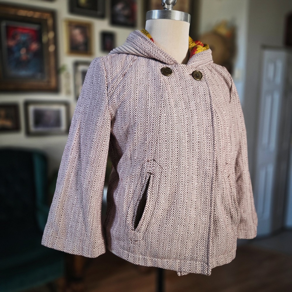 Tulle Hooded Jacket Anthropologie Large Diamond Pattern Beige Cotton Coat